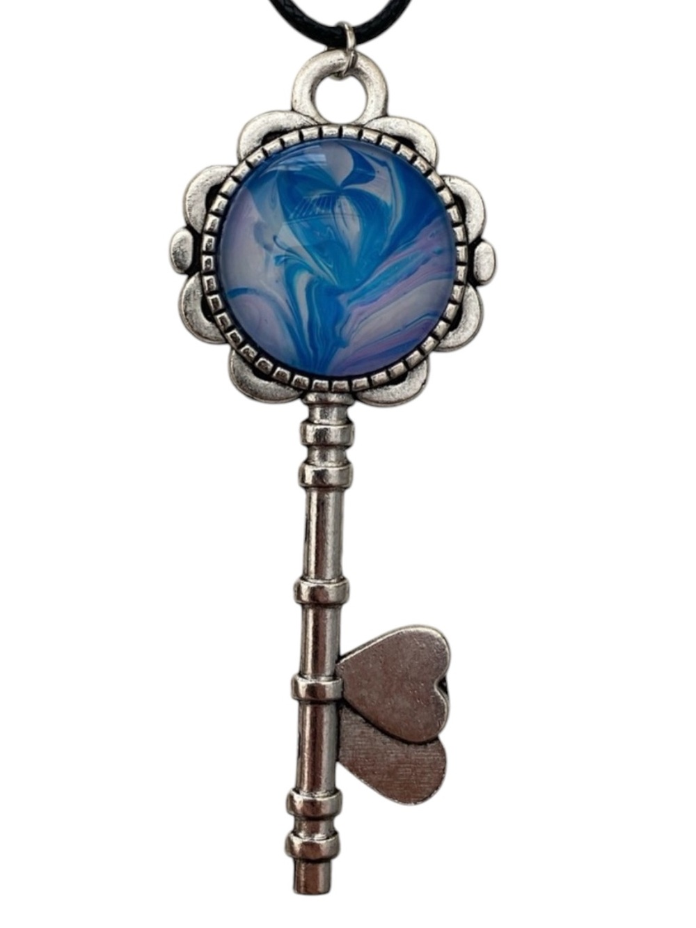 Hand Crafted Fluid Art Necklace Blue White Key Pendant by Svetlana Yeung